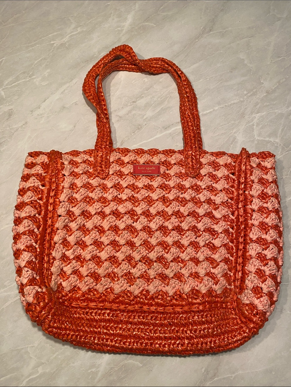 KATE SPADE NY High Tide striped crochet raffia Pink/Coral Tote ladybug
